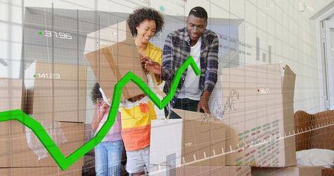 Family moving into new home with financial growth chart overlay