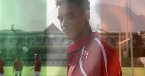 Rugby Player with Italian Flag Overlay on Sports Field