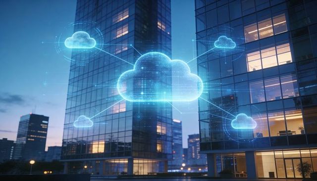 Holographic cloud network connecting glass office towers and urban skyline at dusk