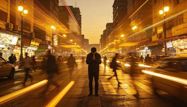 Standing man praying in busy city crosswalk at dusk with cinematic light trails