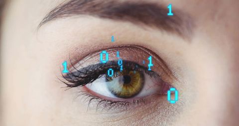 Close-up of eye with binary code overlay: digital data processing concept