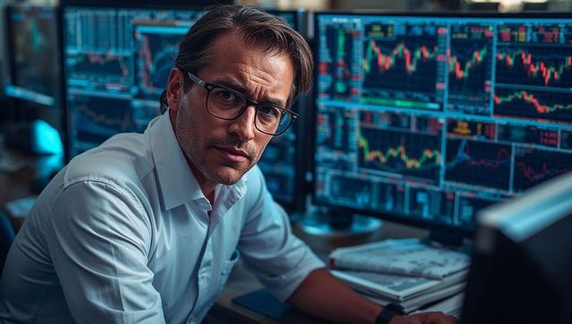 Focused trader analyzing market charts across multiple monitors, tracking volatile stocks