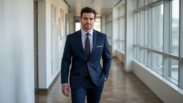 Confident executive walking down modern office corridor in navy suit and tie