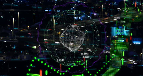 Financial Data Animation Over Nighttime Cityscape