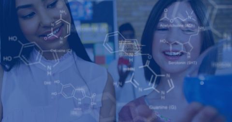 Diverse children exploring chemistry with digital interface overlay