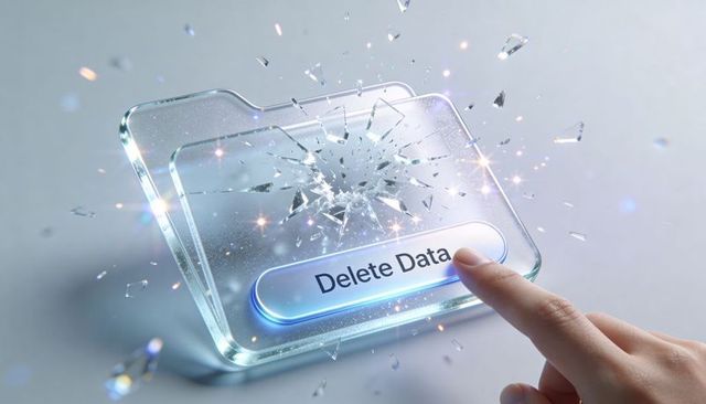 Pressing Delete Data Button on Shattering Glass Folder Representing Data Wipe and Privacy