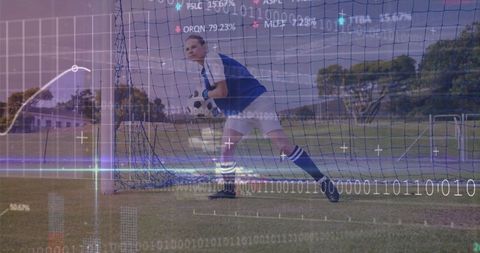 Female goalkeeper distributing ball with digital data overlays