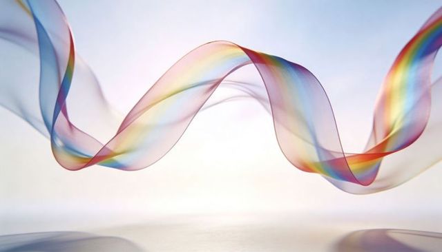 Translucent Rainbow Ribbon Flowing Wave Minimalist Gradient Backdrop with Soft Reflection
