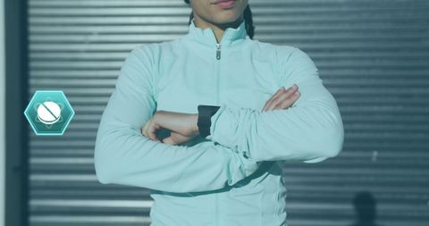 Confident Woman with Medical Icons in Focus