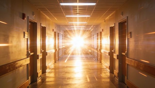 Radiating golden light burst illuminating hospital corridor with doors and glossy floor
