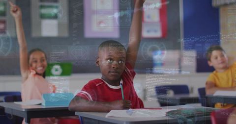 Elementary student raising hand in classroom surrounded by futuristic digital learning hud overlays