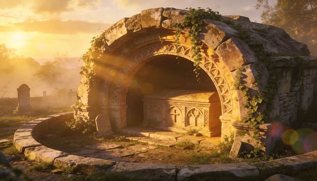 Golden-hour sunlight bathing carved gothic mausoleum arch and ornate sarcophagus in ivy