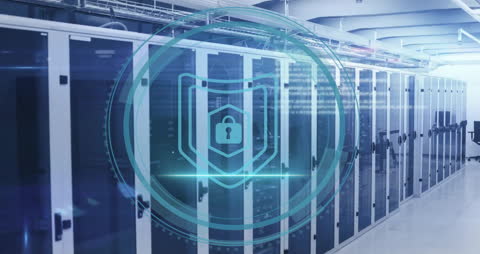 Futuristic Cyber Security Icon in Tech Server Room