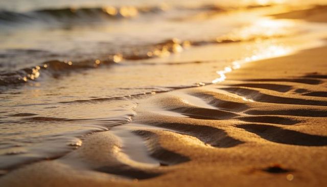 Golden sunset washing over sand ripples on calm shoreline with glowing reflections