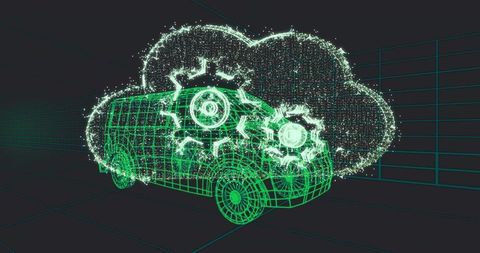 Neon wireframe van navigating cloud computing grid with glowing gears and particle hologram
