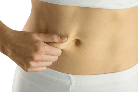 Transparent view of hand pinching flat female belly skin