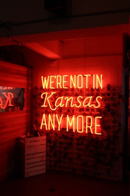 Neon 'We're Not in Kansas Anymore' Sign Illuminating Brick Wall - Download Free Stock Photos Pikwizard.com