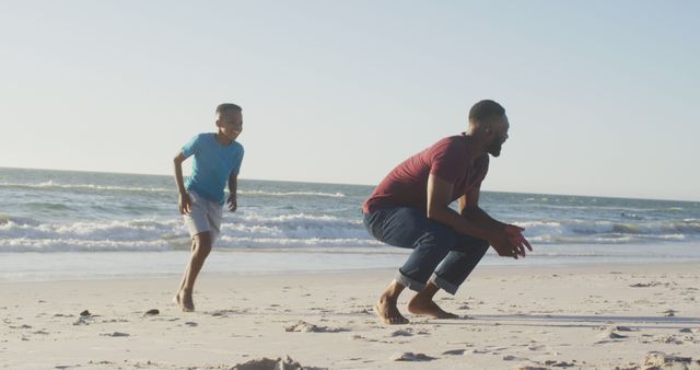 Father and Son Playing on Beach on Sunny Day - Download Free Stock Images Pikwizard.com