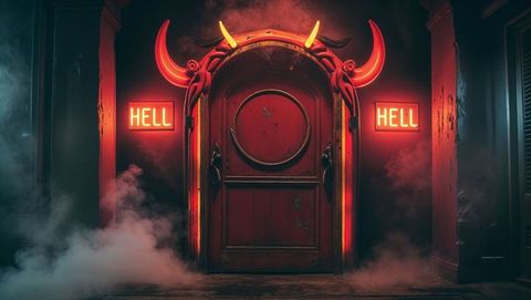 Red Doorway with Horns and Neon Hell Signs in Gothic Style