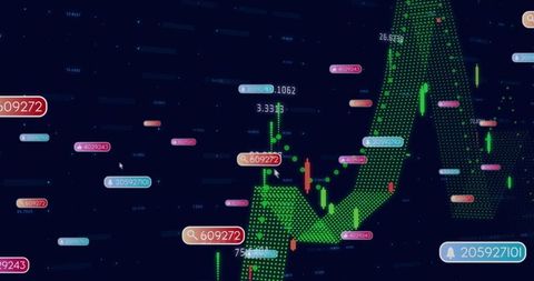 Futuristic trading data screen with digital arrow chart