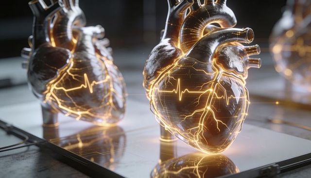 Glowing anatomical heart model displaying ecg waveform on tablet in laboratory