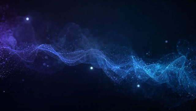 Shimmering Particle Ribbon Flowing Through Deep Blue Nebula with Glowing Orbs