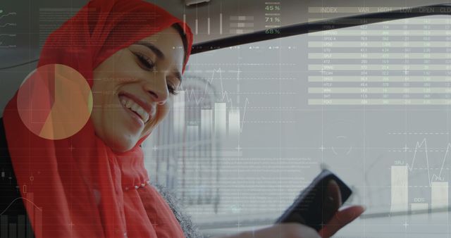 Close up of an Arab woman wearing a hijab texting on her phone while riding in a moving vehicle. Digital image of graphs and statistics are running in the fore ground