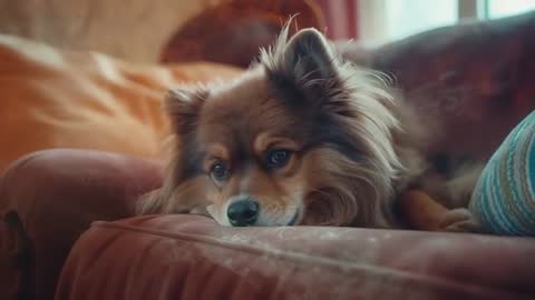 Longhaired Spitz Dog Resting on Couch Reacting to Window Light, Soft Gaze
