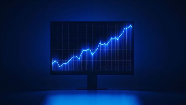 Displaying neon-blue upward trend chart on widescreen monitor in dark studio analytics