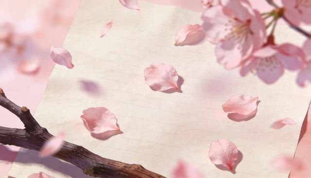 Blank cream-lined paper catching falling cherry blossom petals on pastel pink surface