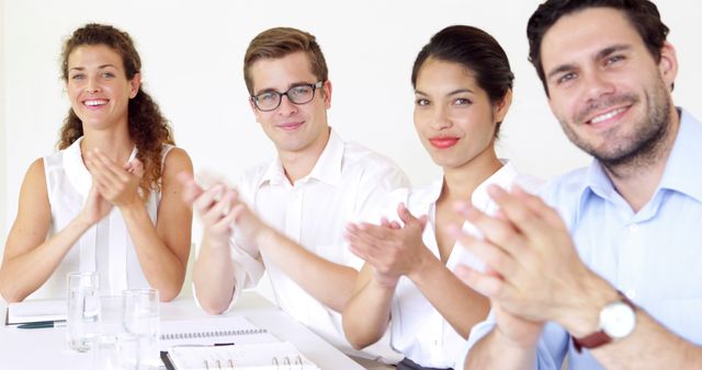 Cheerful Colleagues Applauding During Meeting - Download Free Stock Images Pikwizard.com