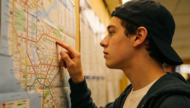Teen pointing at transit map in subway station planning route wearing backward cap and hoodie