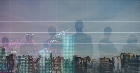 Financial Growth Chart Overlay on Urban Skyline with People Silhouettes - Download Free Stock Images Pikwizard.com