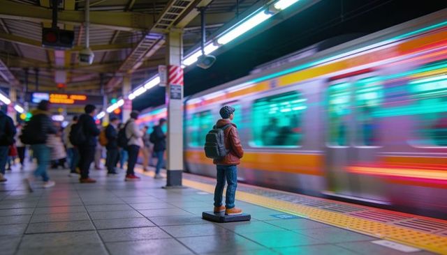 Miniature teen figurine standing on subway platform with motion-blur train and neon lights