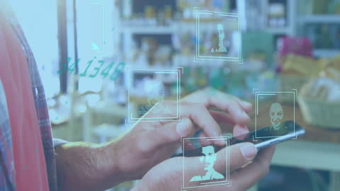 Man Using Smartphone with Digital Profile Data Connections