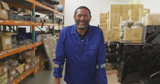 Male Warehouse Worker Smiling in Blue Overalls - Download Free Stock Images Pikwizard.com