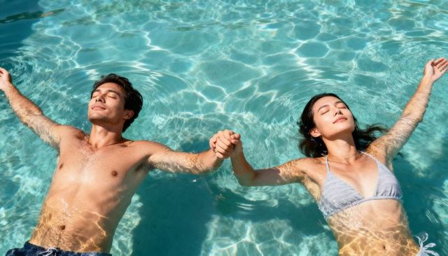Sunlit couple floating hand-in-hand in turquoise pool relaxing together on summer day