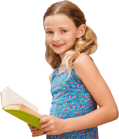 Transparent image of smiling girl holding book with confidence