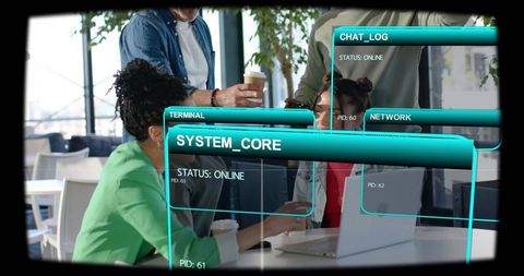 Collaborating coworking team reviewing laptop with futuristic ar system overlays
