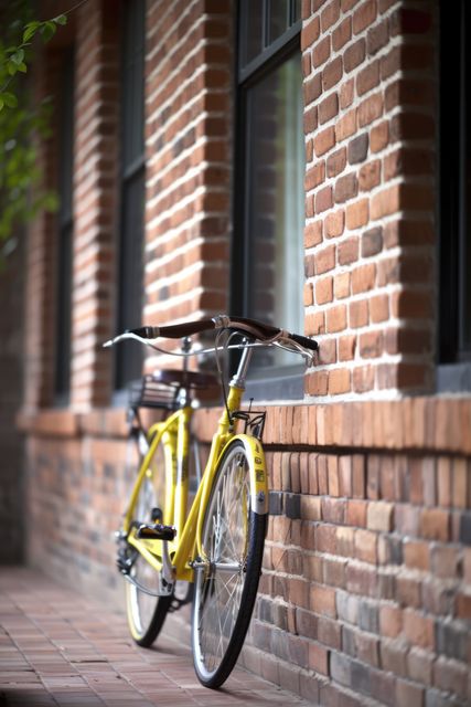 Yellow bicycle leaning against brick wall of a city building, creating a vintage and urban feel. Perfect for use in urban lifestyle promotions, transportation themes, or architectural design concepts.