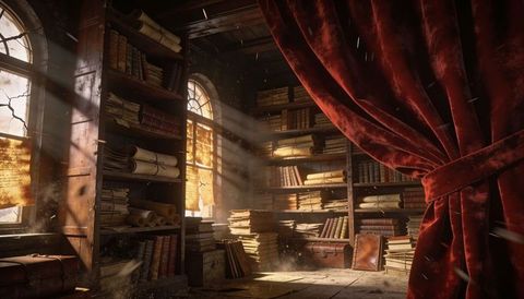 Vintage Library Interior with Red Velvet Curtain Revealing Sunlit Antique Books and Scrolls