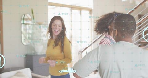 Laughing friends in bright living room with augmented reality HUD overlay and social vibe