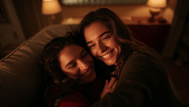 Smiling women hugging on cozy sofa at night with warm lamp glow and intimate embrace
