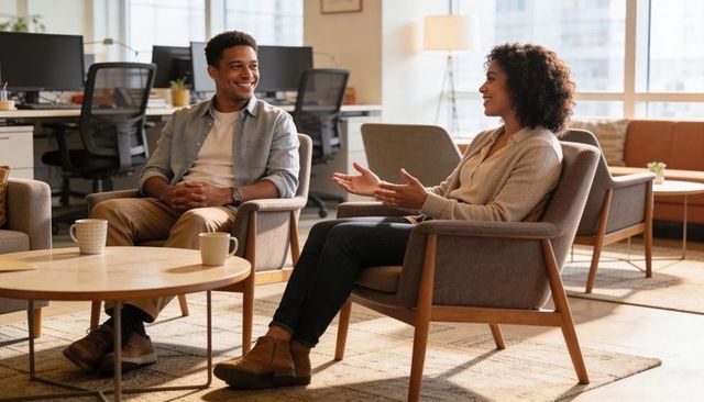 Coworkers sharing ideas in modern office lounge, casual coffee conversation, collaboration