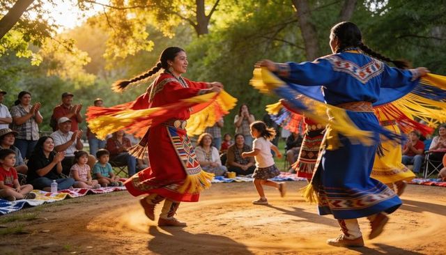 Indigenous women spinning in colorful regalia, twirling fringed shawls in powwow circle