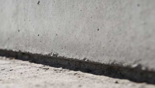Close-up showing concrete wall-slab junction casting shadow with chipped mortar texture