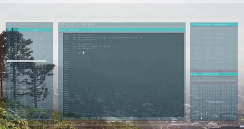 Translucent Terminal Overlay Displaying Three-Panel Code Interface over Urban Valley Scene