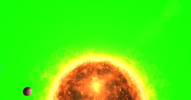 This image depicting an exploding sun against a bright green background with a smaller planet orbiting nearby can be suitable for astronomy and science fiction themes. Potential uses include educational materials, science fiction book covers, futurist artwork, and promotional content for science documentaries.