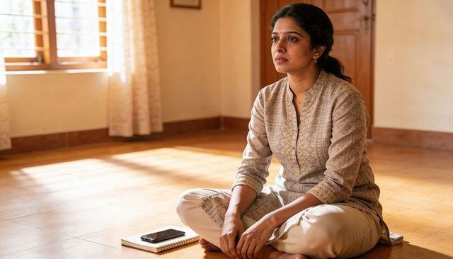 Calm woman sitting cross-legged in kurta with notebook and smartphone in sunlit room