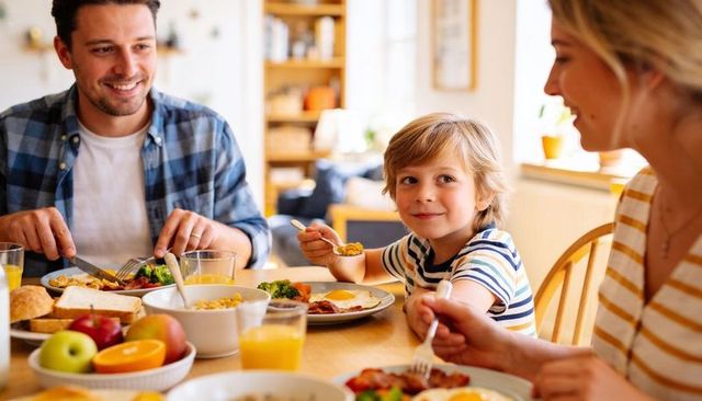 Smiling boy enjoying family breakfast at sunlit kitchen table with parents
